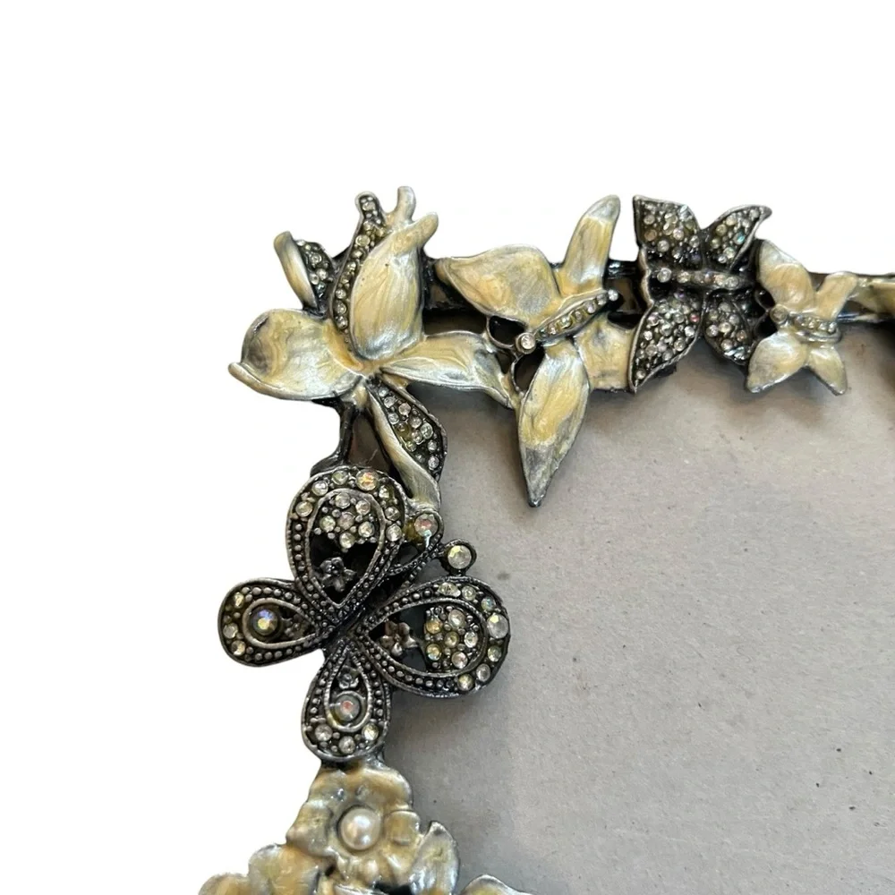 Sicura Silver Tone Metal Photo Frame Floral Butterfly Enamel Rhinestones 4” x 6”